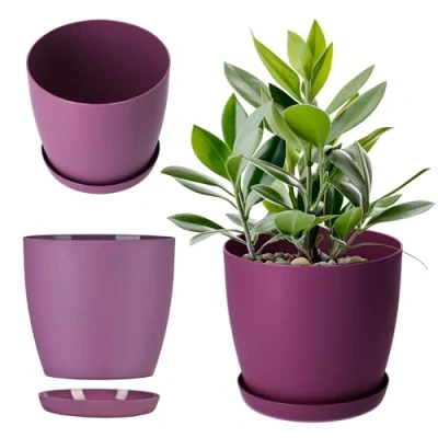 Afbeelding van KADAX Bloempot met onderkant, ronde kunststof plantenbak, diameter 18 cm, mat glanzend, voor cactussen en varens, geschikt balkon, appartement terras, pruim