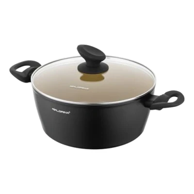 Afbeelding van FLORINA AMVEGAN Aluminium pot, 24 cm, 3,6 l, hoge duurzaamheid, glazen deksel, keramische coating met olijfolie, gemakkelijk te koken en af spoelen, origineel design