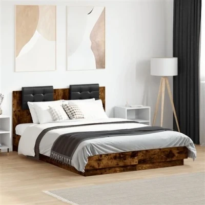 Afbeelding van vidaXL Bedframe met hoofdbord en LED gerookt eikenkleur 120x190 cm