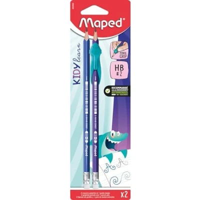 Afbeelding van Maped 2 potloden + 1 afneembare vingergeleiding van zacht materiaal in de kleur blauw leergereedschap voor grafietpotloden