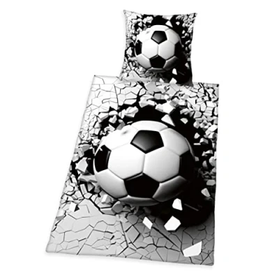 Afbeelding van Herding Voetbalbeddengoed, 3D effect, omkeerbaar, kussensloop 70 x 90 cm, dekbedovertrek 140 200 met gemakkelijke ritssluiting, 100% katoen/versterkt, grijs/wit