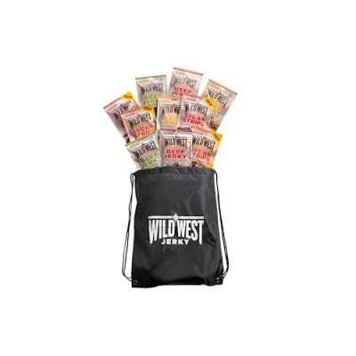 Image de Wild West Lot de 10 boîtes mélange bœuf Jerky, 60 g + sac sport, 2 x barbecue au miel, jalapeno, bandes à steak originales, pour miel Viande séchée