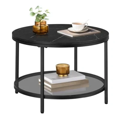 Afbeelding van Vasagle Salontafel, woonkamertafel, voor woonkamer, met glazen blad, veel opbergruimte, eenvoudige montage, moderne stijl, marmeren zwart inktzwart