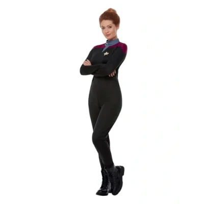 Afbeelding van Smiffys Star Trek kostuum, Voyager Command uniform in bruine combinatie, Delta badge en rijbadges, officiële reisoutfit, officieel Halloween kostuum
