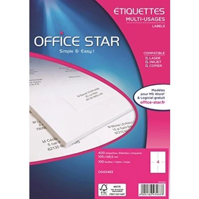 Afbeelding van Office Star Wit 105 x 148.5 mm 400 etiket(ten) (100 vel(len) 4) etiketten