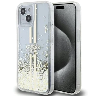 Afbeelding van Guess Liquid Glitter Gold Stripe Back Case Apple iPhone 15 Plus (6.7&quot;) Transparant