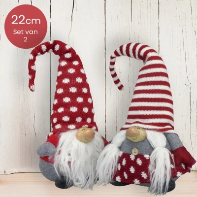Afbeelding van Handgemaakt Gnomen duo met rood/witte mutsen 22cm
