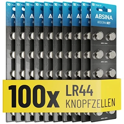 Afbeelding van ABSINA 100 stuks AG13 LR44 1,5 V alkaline knoopcelbatterijen lekvrij en lange levensduur LR1154 / L1154 L1154F G13 G13A 13GA 157 V13GA PX76A RW82 batterijen