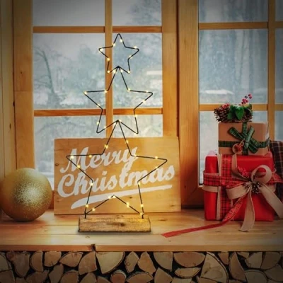Afbeelding van ECD Germany Set van 3 decoratieve led kerststerren met 40 warmwitte leds op houten blok, 57 cm, zwart, werkt batterijen, metaal, drie sterren verlichting, timer, binnen,