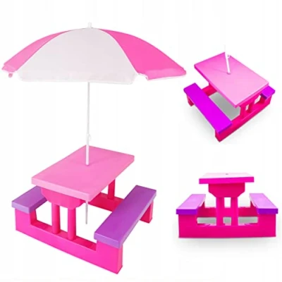 Afbeelding van COIL Tuinmeubelen voor kinderen, outdoortafel met parasol, veelzijdige zitset, picknicktafel kinderen vanaf 3 jaar (roze)