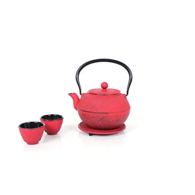 Afbeelding van Theeservies van gietijzer, theepot 1,1 l met afneembare zeef, onderzetter, theepotset in vintage design voor het bereiden losse thee, lichtblauw