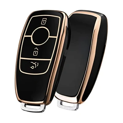 Afbeelding van OATSBASF Mercedes Benz autosleutelhoes, beschermhoes, sleutelhoes cover voor E klasse 2017 S 2018 (gouden rand zwart)