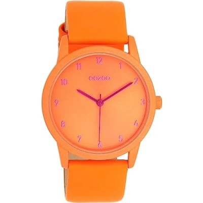 Afbeelding van Oozoo Timepieces Dameshorloge met leren band, modern dameshorloge, elegant, analoog, rond horloge (38 mm behuizing), Oranje, armband