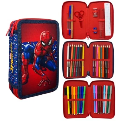 Afbeelding van CARTOON trousse 3 zip complet 44 pièces papeterie multi compartiments stylos crayons couleurs marqueurs giotto pour l&#039;école, Spiderman,