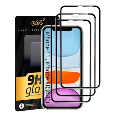 Afbeelding van UNO&#039; 3 stuks displaybeschermfolie van gehard glas voor iPhone 11/XR (6,1 inch), volledige afdekking met zwarte randen, anti vingerafdruk, krasbestendig, hardheid 9H, zonder luchtbellen, extreem