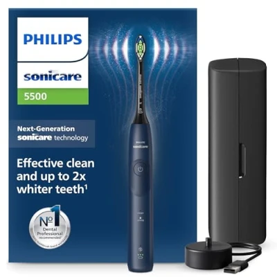 Afbeelding van Philips Sonicare 5500 Elektrische sonische tandenborstel met 2 modi, drukwaarschuwing, EasyStart, SmarTimer en BrushPacer, marineblauw, model HX7113/01 [nieuwe technologie]