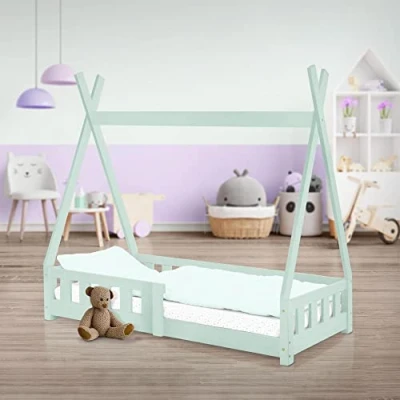 Afbeelding van ML Design kinderbed tipi 70x140 cm mintgroen met uitvalbeveiliging en lattenbodem, grenen hout, indianenbed van massief hout voor meisjes jongens, huisbed hek kinderhuisje jeugdbed speelbed tent