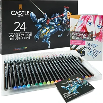 Afbeelding van Castle Art Supplies Watercolour Brush Pens Set 24 Lively Colours, with Flexible Nylon Tips For adult colouring, painting, lettering artists and beginners Travel Case Extra Water Pen