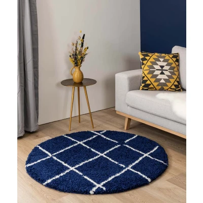 Afbeelding van Rond Hoogpolig Tapijt/Vloerkleed Ruiten Artisan Marineblauw/wit 120 Cm