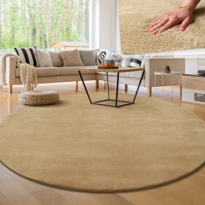 Afbeelding van Paco Home Vloerkleed voor de woonkamer, effen, wasbaar, korte en zachte pool rond: 120 cm, beige