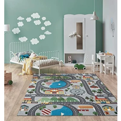 Afbeelding van The carpet Happy Life Speeltapijt kinderkamer tapijt straat stad auto&#039;s grijs 120 x 160 cm