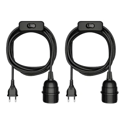 Afbeelding van ledscom.de 2 stuks LEKA textielkabel, stekker, schakelaar, zwart, 3 m, lampfitting, 1 x E27 max. 60 W