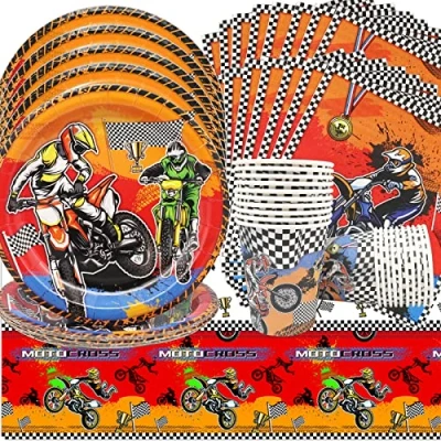 Afbeelding van Doyomtoy Tafelartikelen voor jongensfeesten, motorcross verjaardagsdecoratie, 61 stuks, borden, bekers, servetten en tafelkleden, tafelartikelen, 20 personen