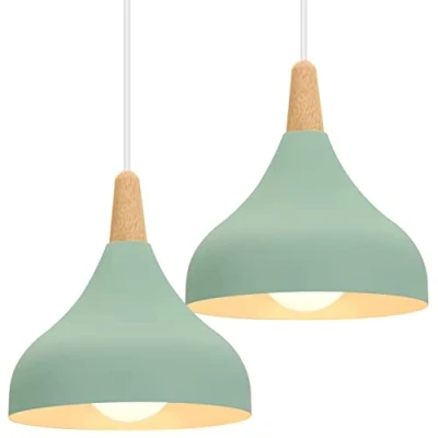 Afbeelding van iDEGU Retro hanglampen, modern, druppelstijl, kap, plafondlamp, E27, metaal, hanglamp, voor slaapkamer, eetkamer of keuken, diameter 20 cm, 2 stuks, groen