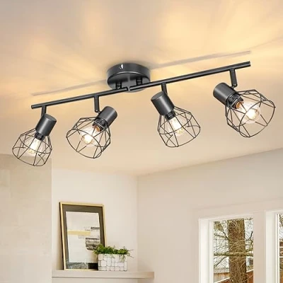 Afbeelding van Dehobo plafondlamp, spots, draaibaar, zwart, spot, met E14 fitting, 4 plafondspots, voor binnen, keuken, slaapkamer, woonkamer, max. 40 W zonder lampen