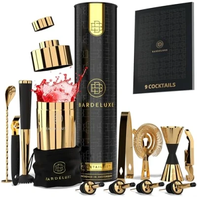 Afbeelding van BarDeluxe® cocktailset, 12 delig, professionele cocktailshaker 750 ml, roestvrij staal, cocktailshakerset, barmanset, cocktailset (goud)