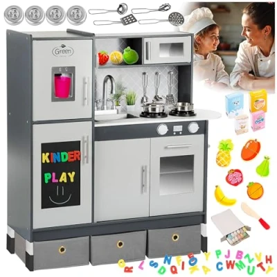 Afbeelding van Green series Grote houten keuken voor kinderen accessoires, ledverlichting, hoogte 83 cm, van vloer tot werkblad, 46 kinderkeuken hout, kleur grijs (GS0057 1)