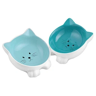 Afbeelding van Navaris voerbakjes voor katten Set van 2 voer en waterbakken Etensbak keramiek Met antislip voetjes Kattenvorm Blauw