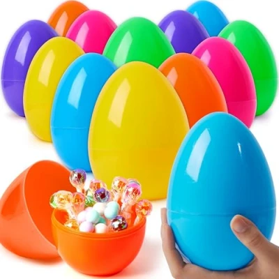 Afbeelding van JOYIN 12 stuks stabiele en glanzende paaseieren van kunststof in 17 cm verschillende kleuren voor het vullen lekkernijen, feestcadeau met paasthema.