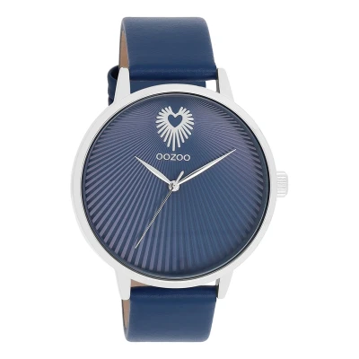 Afbeelding van OOZOO Timepieces Zilverkleurige horloge met blauwe leren band C11243