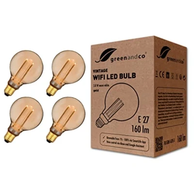 Afbeelding van Greenandco® Smart WiFi ledlamp met app (geen hub nodig), vintage design E27 G95, 3,8 W, 160 lm, 1800 K, 320 graden, 230 V, geen flikkeren, dimbaar, compatibel Alexa en Google Assistant, 4 stuks