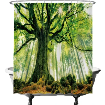 Afbeelding van Ulticool Douchegordijn Boom Kracht Natuur Licht Bos 180 x 200 cm semi Transparant met 12 Ringen Wit anti Schimmel Groen