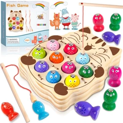 Afbeelding van FAMKEEP Spellen voor kinderen van 2 jaar, Montessori spellen, houten speelgoed, visspel, magnetisch spel, cadeau jongens en meisjes, spelletjes kinderen,