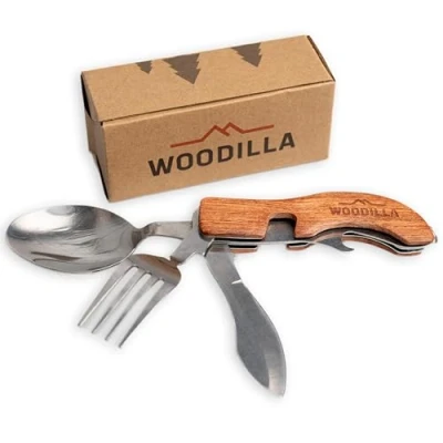 Afbeelding van Woodilla Opvouwbaar campingbestek van roestvrij staal en hout, mes, vork, lepel, flesopener, 4 stuks