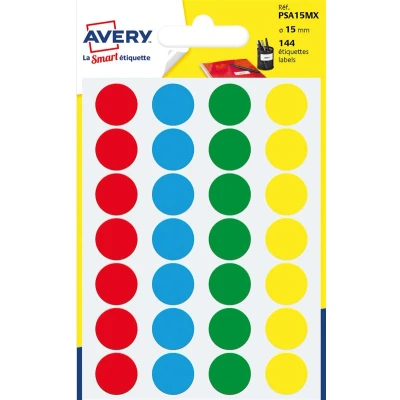Afbeelding van AVERY Zak met 144 op kleur gesorteerde zelfklevende ronde etiketten, diameter 15 mm