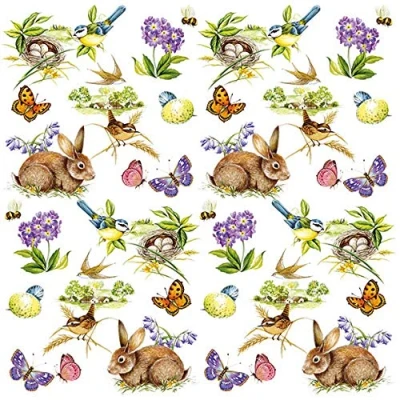 Afbeelding van Set van 20 servetten kleine Ostfreuden konijnen bloemen vlinders vogels 33 x cm