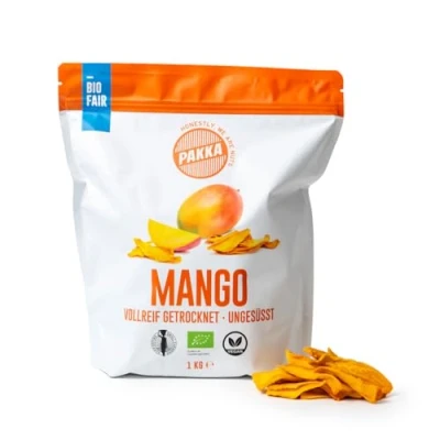 Image de PAKKA Mangues bio Fair Trade 1 kg Morceaux de mangue séchées écologiques et équitables Non sucrées soufrées Fabriquées directement mises en bouteille par le producteur Colombie