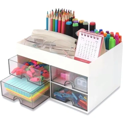 Afbeelding van KAHEIGN bureau organizer met 4 compartimenten en laden, 19x14cm multifunctionele gebruiksvoorwerpbakken pennenhouder, ideaal voor kantoororganisatie of make up