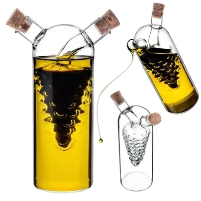 Afbeelding van KADAX 2 in 1 glazen fles voor olie en azijn, 300 ml oliedispenser 50 azijndispenser een fles, oliefles met kurksluiting,