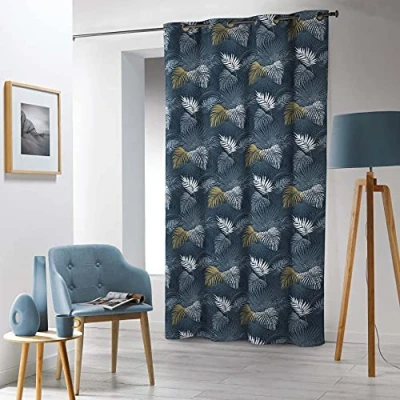 Afbeelding van douceur d&#039;intérieur, Oogje Gordijn (140 x 240 cm) Alianor Blauw, Katoen Afwerking Top Metallic Print en Pompon