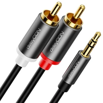 Afbeelding van deleyCON 5 m jack naar cinch RCA audiokabel 3,5 mm converterkabel mobiele telefoon en smartphone op hifi ontvanger, AUX stekker (extra dun flexibel)