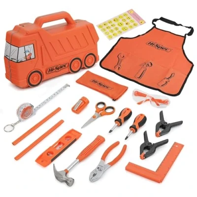Afbeelding van Hi Spec 17 delige kindergereedschapsset met echt handgereedschap in vrachtwagenbox schort, veiligheidsbril, waterpas, klein gereedschap en veiligheidsschaar