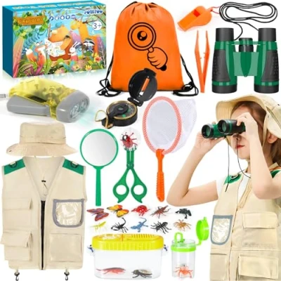 Afbeelding van POWZOO Zoekset voor kinderen, 22 delige verrekijker met insectenvanger, kompas, bekervergrootglas, microscoop, camping, natuurverkenning en avontuur, cadeau kinderen