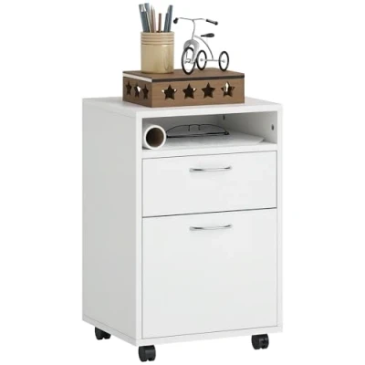 Afbeelding van HOMCOM Bureaukast, opbergdoos, bureau, op wielen, lade, kast, nis, spaanplaat, wit