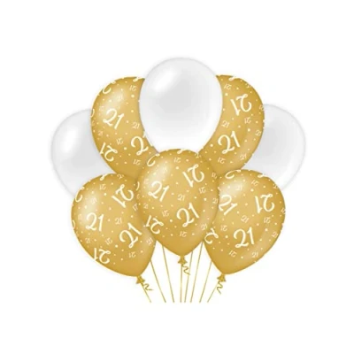 Afbeelding van Ballonnen 21 jaar Wit/Goud per 8 stuks