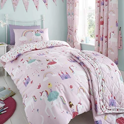 Afbeelding van Happy Linen Company Eenhoorns en regenbogen omkeerbaar beddengoed voor kinderen, roze